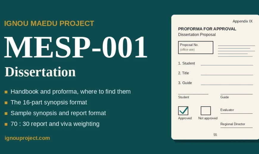 IGNOU MAEDU project MESP-001 dissertation guide showing the Appendix IX proforma for approval of the MA Education dissertation proposal