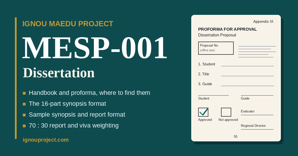 IGNOU MAEDU project MESP-001 dissertation guide showing the Appendix IX proforma for approval of the MA Education dissertation proposal