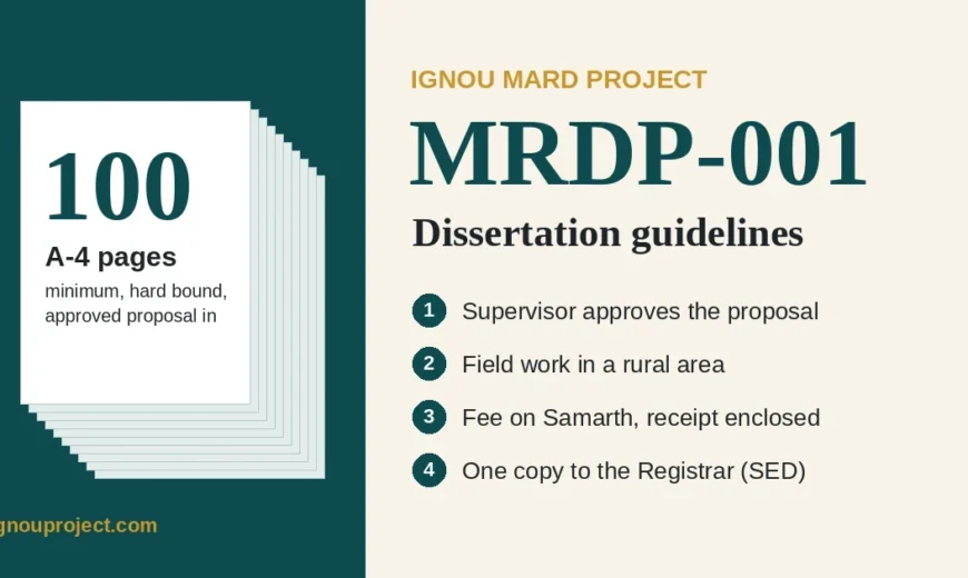 IGNOU MARD project MRDP-001 dissertation guidelines showing the 100 A-4 page minimum and supervisor approval