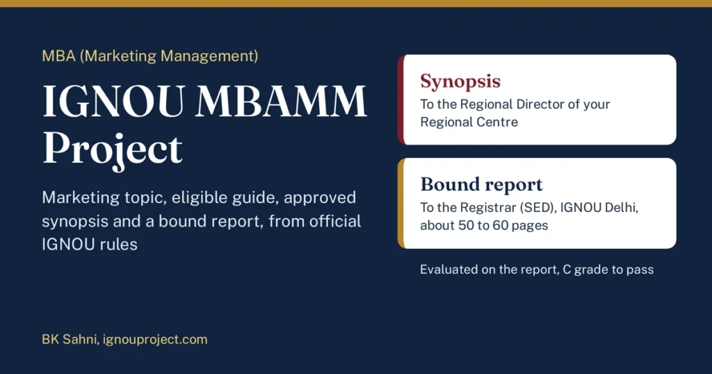 IGNOU MBAMM Project: synopsis goes to the Regional Director, bound report goes to the Registrar SED at IGNOU Delhi