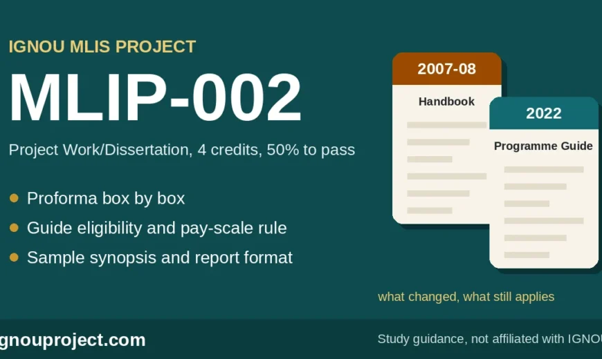 IGNOU MLIS Project MLIP-002 guide comparing the 2007-08 Handbook with the 2022 Programme Guide, covering the proforma, guide eligibility and sample synopsis