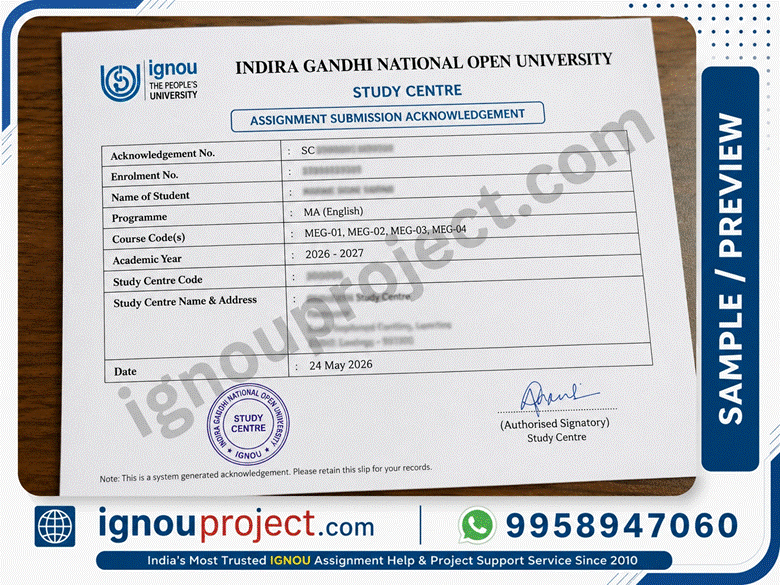 Sample IGNOU assignment submission receipt from the Study Center showing enrolment number and acknowledgment date