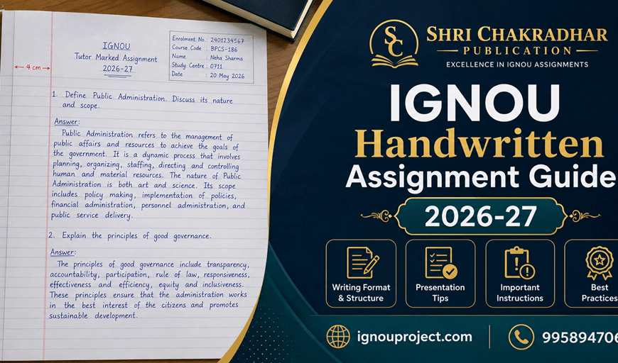 IGNOU handwritten assignment guide 2026-27 — A4 ruled paper with 4 cm left margin written in blue pen