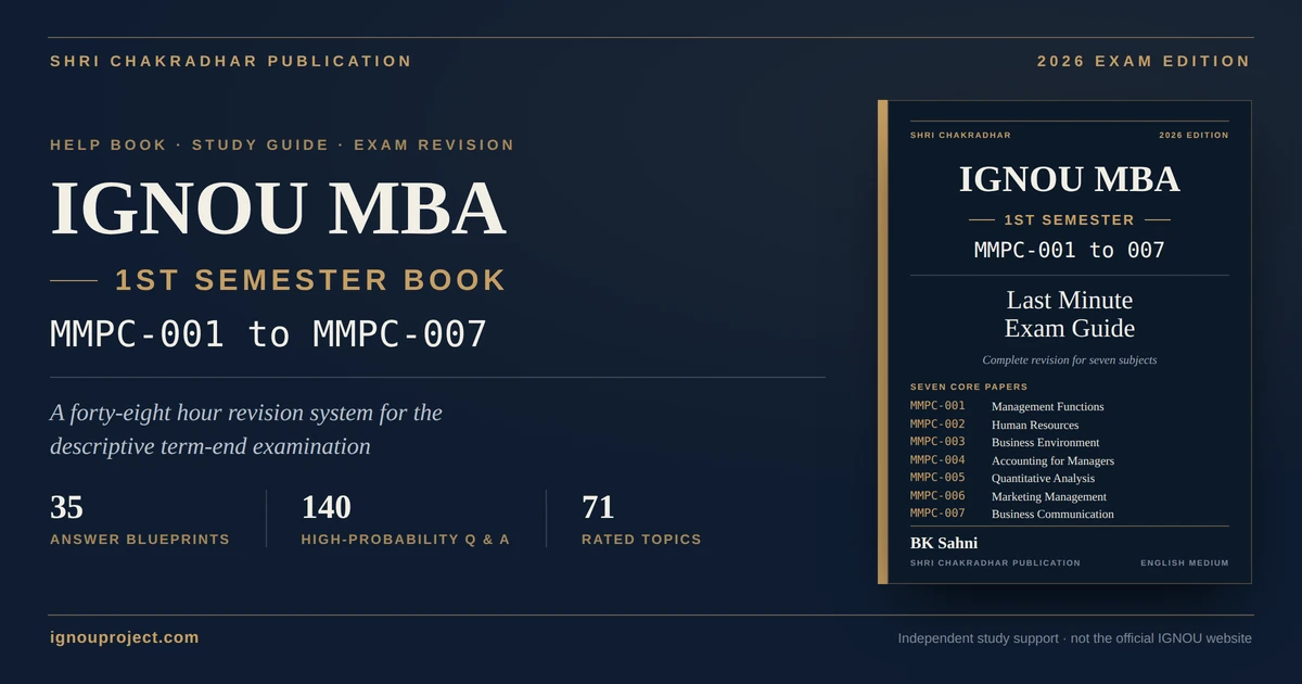 IGNOU MBA 1st Semester Book cover for MMPC-001 to MMPC-007, the 2026 edition Last Minute Exam Guide help book by BK Sahni