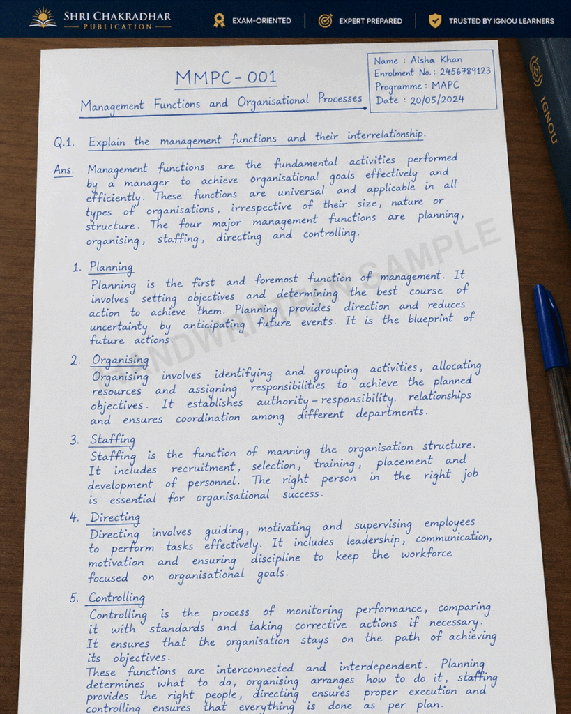 IGNOU MMPC-001 handwritten assignment sample page — neat submission-ready handwriting