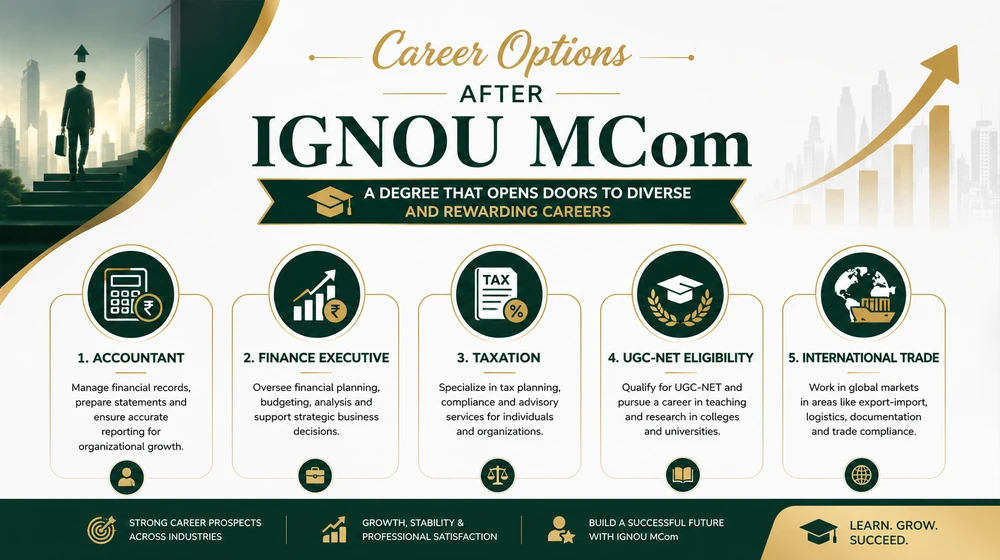 Career options after IGNOU MCom degree — accountant, finance executive, taxation, UGC-NET eligibility, international trade