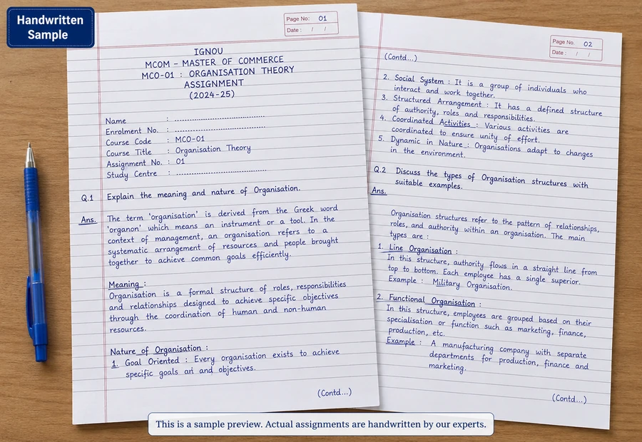 IGNOU MCom handwritten assignment sample — MCO-01 Organisation Theory, written on ruled sheets, submission-ready