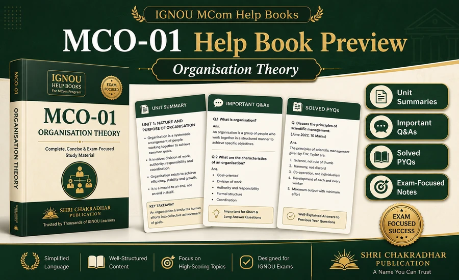 IGNOU MCom help book preview for MCO-01 Organisation Theory — unit summaries, Q&As, solved PYQs by Shri Chakradhar Publication