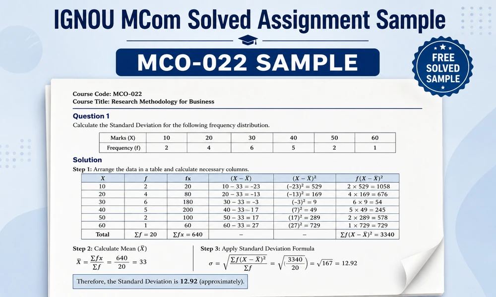 Free IGNOU MCom solved assignment sample for MCO-022 — standard deviation calculation with step-by-step solution