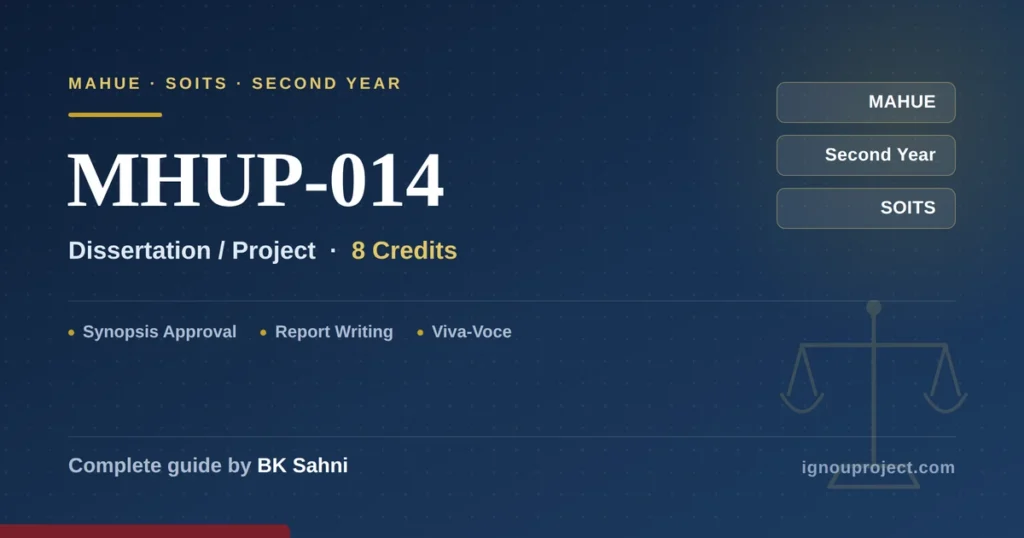 IGNOU MHUP-014 Dissertation and Project course card for the MAHUE programme showing 8 credits in the second year