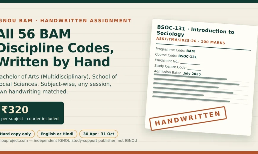IGNOU BAM handwritten assignment cover graphic showing a tilted BSOC-131 assignment sheet with the ASST/TMA/2025-26 code, cover-page fields and a HANDWRITTEN stamp, beside the ₹320 per subject rate