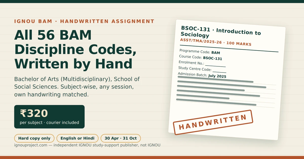 IGNOU BAM handwritten assignment cover graphic showing a tilted BSOC-131 assignment sheet with the ASST/TMA/2025-26 code, cover-page fields and a HANDWRITTEN stamp, beside the ₹320 per subject rate