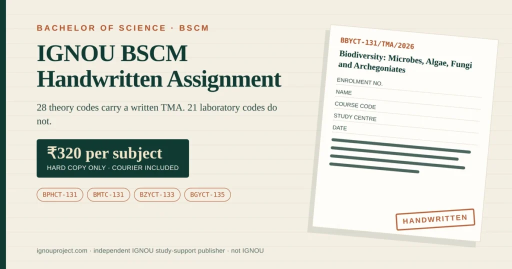 IGNOU BSCM handwritten assignment cover sheet showing assignment code BBYCT-131/TMA/2026 with course code chips and the ₹320 per subject rate