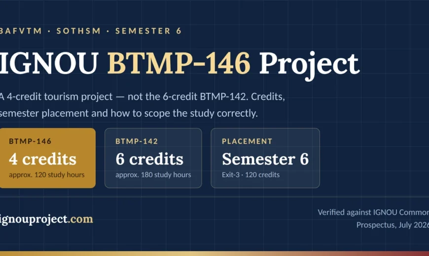 IGNOU BTMP-146 project guide showing 4 credits and 120 study hours in BAFVTM Semester 6, compared with the 6-credit BTMP-142