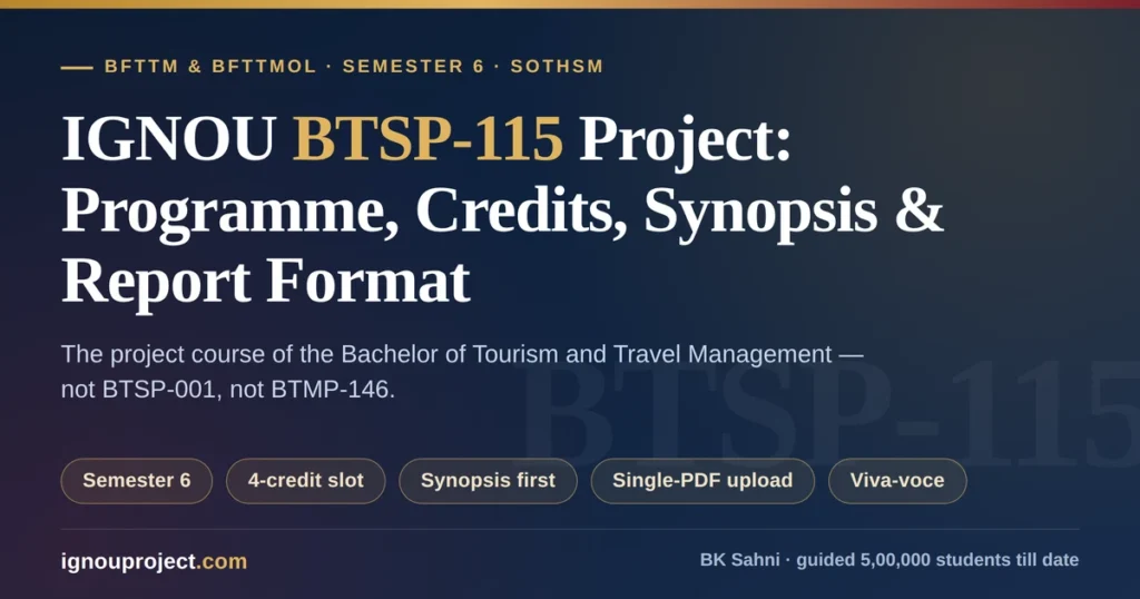 IGNOU BTSP-115 project guide for BFTTM and BFTTMOL Semester 6 showing credits, synopsis and report format