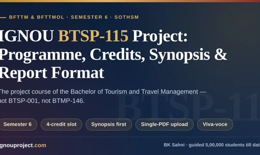 IGNOU BTSP-115 project guide for BFTTM and BFTTMOL Semester 6 showing credits, synopsis and report format