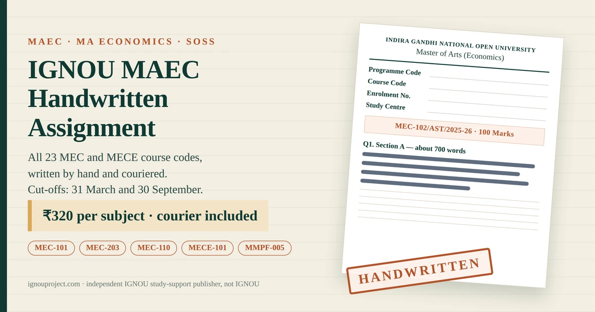 IGNOU MAEC handwritten assignment at ₹320 per subject, showing a Master of Arts Economics assignment sheet with the MEC-102/AST/2025-26 code and cover page fields