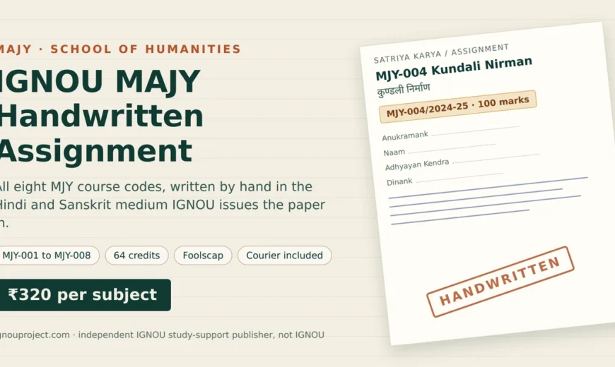 IGNOU MAJY handwritten assignment cover graphic showing a tilted assignment sheet with the MJY-004 Kundali Nirman code block, cover-page fields and a HANDWRITTEN stamp, beside the ₹320 per subject rate