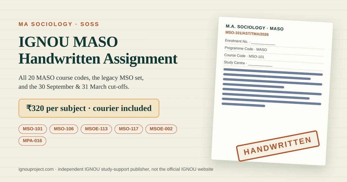 IGNOU MASO handwritten assignment at ₹320 per subject with a tilted MA Sociology TMA sheet showing assignment code MSO-101/AST/TMA/2026 and a HANDWRITTEN stamp