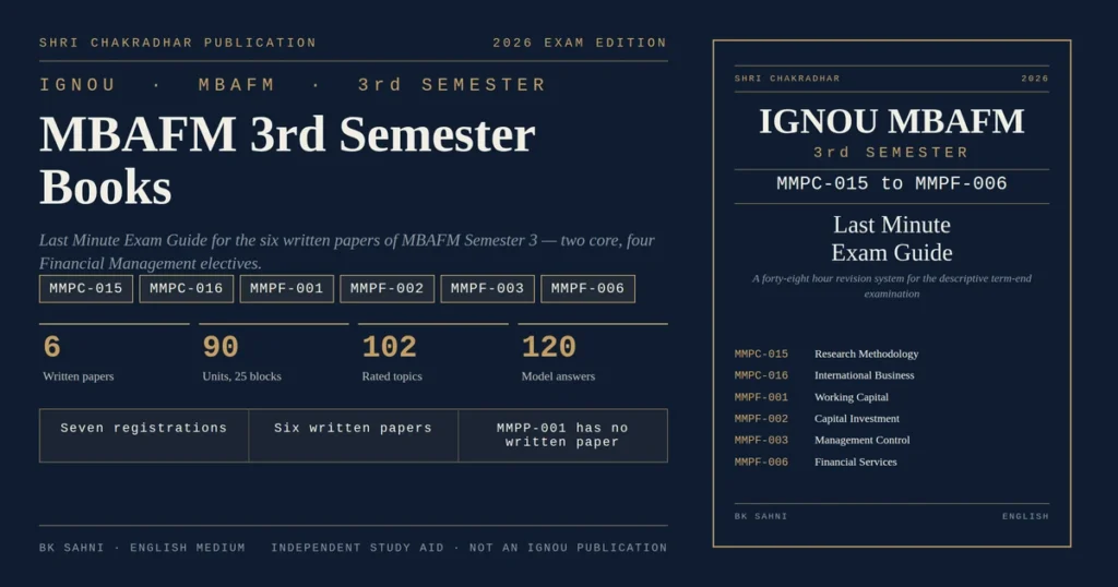IGNOU MBAFM 3rd Semester Books cover for MMPC-015 to MMPF-006, the 2026 Exam Edition Last Minute Exam Guide by BK Sahni
