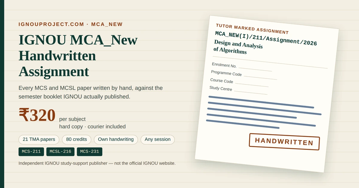 IGNOU MCA_New handwritten assignment at ₹320 per subject, showing a tilted MCA_NEW(I)/211/Assignment/2026 tutor marked assignment sheet with cover-page fields and a HANDWRITTEN stamp