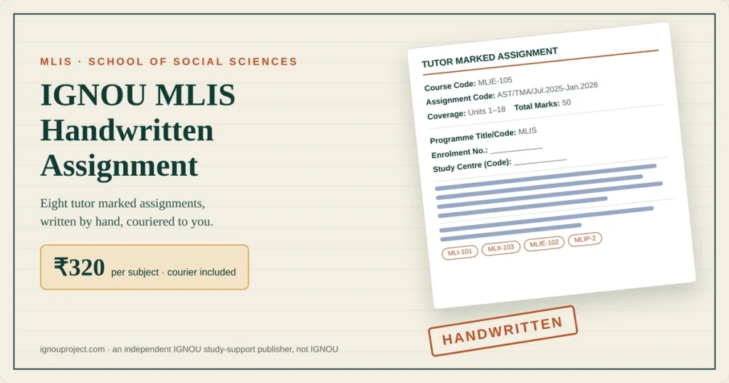 IGNOU MLIS handwritten assignment at ₹320 per subject with a tilted MLIE-105 tutor marked assignment sheet showing assignment code AST/TMA/Jul.2025-Jan.2026 and MLIS course code chips