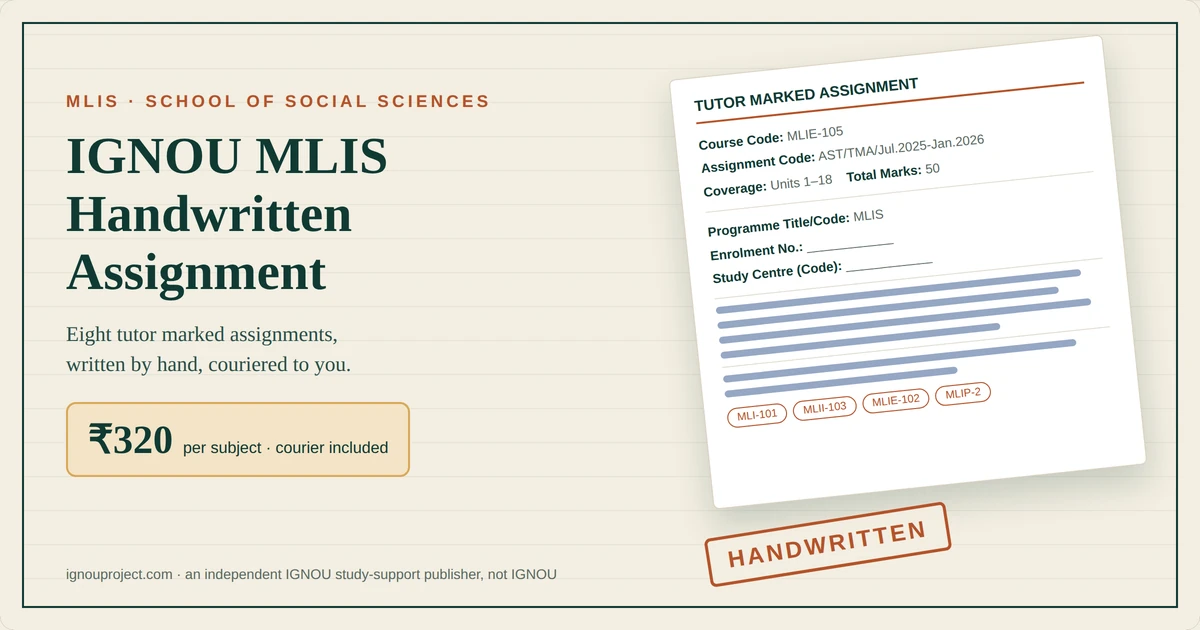 IGNOU MLIS handwritten assignment at ₹320 per subject with a tilted MLIE-105 tutor marked assignment sheet showing assignment code AST/TMA/Jul.2025-Jan.2026 and MLIS course code chips