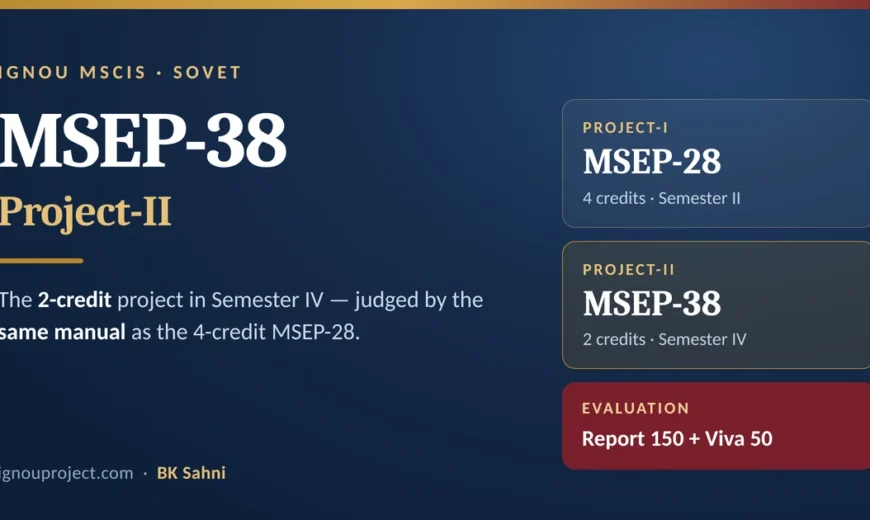 IGNOU MSEP-38 is the 2-credit Project-II in MSCIS Semester IV, evaluated on the same 150 plus 50 mark scheme as the 4-credit MSEP-28