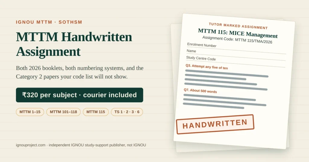 IGNOU MTTM handwritten assignment at ₹320 per subject, showing a tilted MTTM 115 MICE Management tutor marked assignment sheet with the MTTM 115/TMA/2026 code, cover-page fields, MTTM and TS code chips and a HANDWRITTEN stamp
