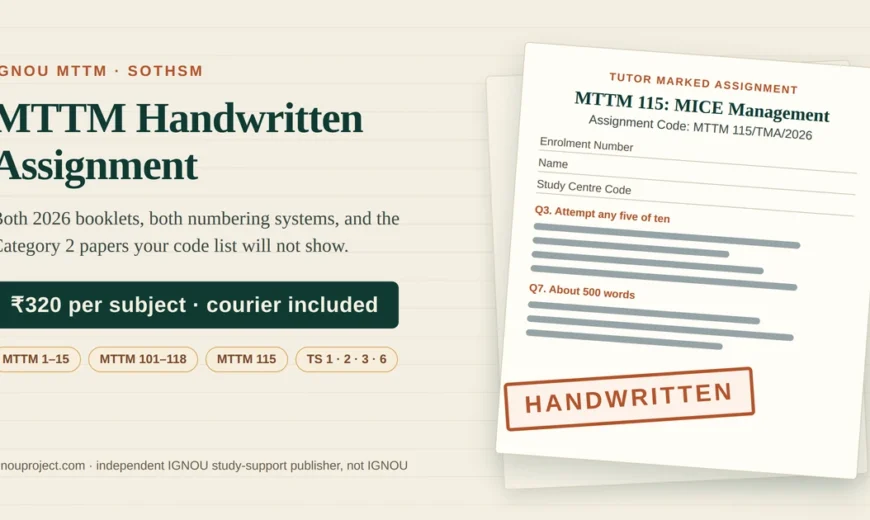 IGNOU MTTM handwritten assignment at ₹320 per subject, showing a tilted MTTM 115 MICE Management tutor marked assignment sheet with the MTTM 115/TMA/2026 code, cover-page fields, MTTM and TS code chips and a HANDWRITTEN stamp