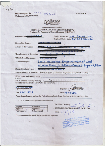 A finished IGNOU synopsis with its proforma, personal details covered