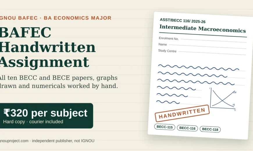 IGNOU BAFEC handwritten assignment sheet for BECC-116 Intermediate Macroeconomics with a hand-drawn graph, ₹320 per subject, ignouproject.com