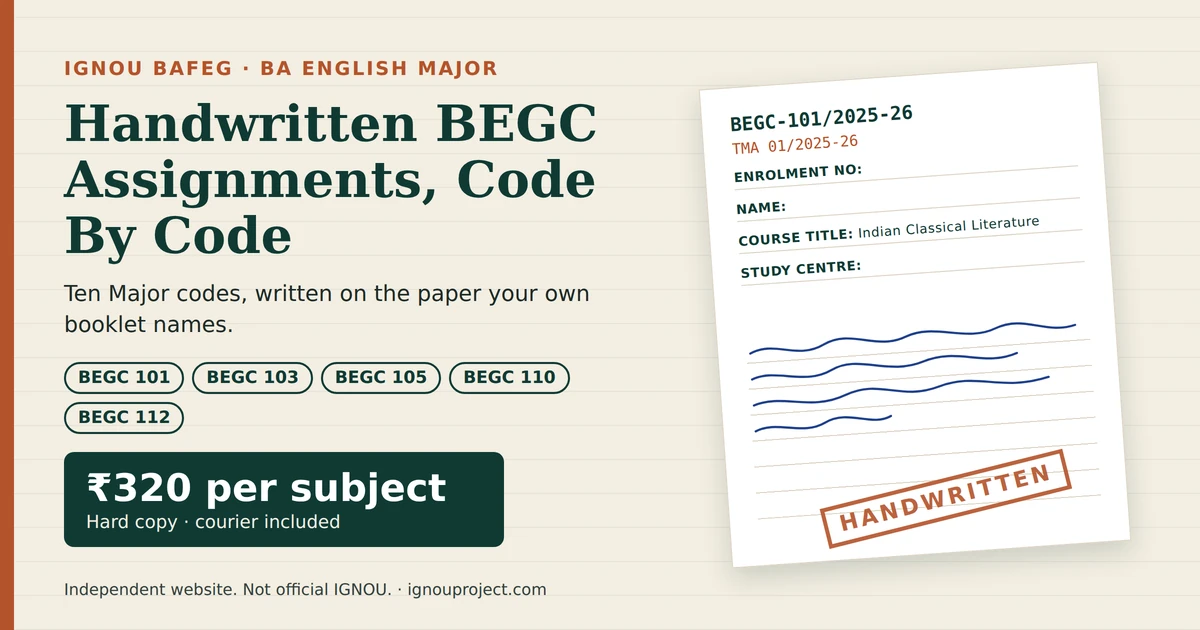 IGNOU BAFEG handwritten assignment featured image showing a BEGC-101 answer sheet mock with ₹320 per subject and courier included
