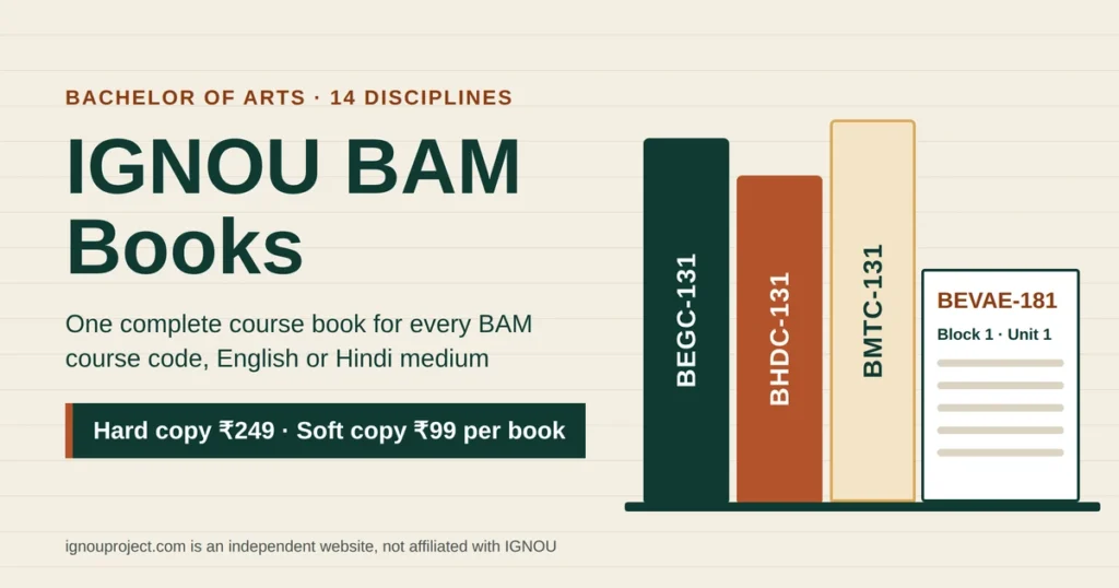 Book spines labelled BEGC-131, BHDC-131 and BMTC-131 leaning on an open BEVAE-181 block booklet, IGNOU BAM Books