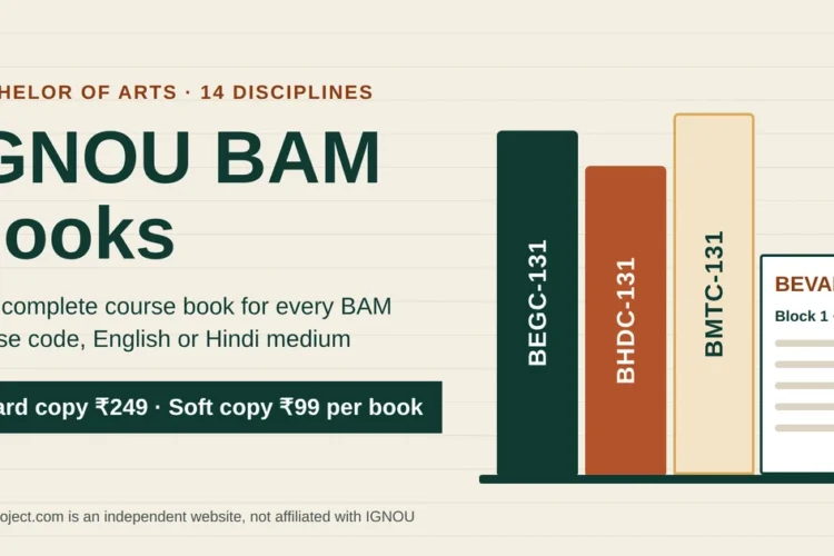 Book spines labelled BEGC-131, BHDC-131 and BMTC-131 leaning on an open BEVAE-181 block booklet, IGNOU BAM Books