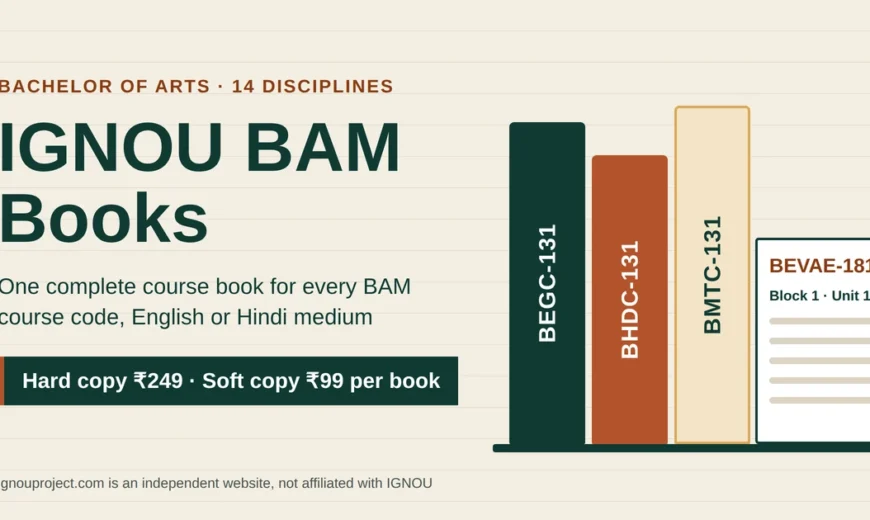 Book spines labelled BEGC-131, BHDC-131 and BMTC-131 leaning on an open BEVAE-181 block booklet, IGNOU BAM Books