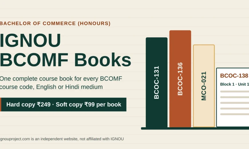 IGNOU BCOMF Books featured image showing course book spines labelled BCOC-131, BCOC-136 and MCO-021 beside an open BCOC-138 Block 1 Unit 1 booklet