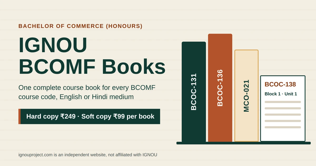IGNOU BCOMF Books featured image showing course book spines labelled BCOC-131, BCOC-136 and MCO-021 beside an open BCOC-138 Block 1 Unit 1 booklet