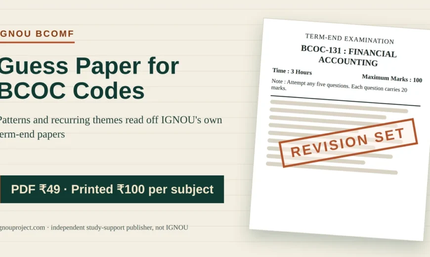 IGNOU BCOMF guess paper revision set beside a BCOC-131 Financial Accounting term-end paper mock, PDF ₹49 and printed ₹100 per subject