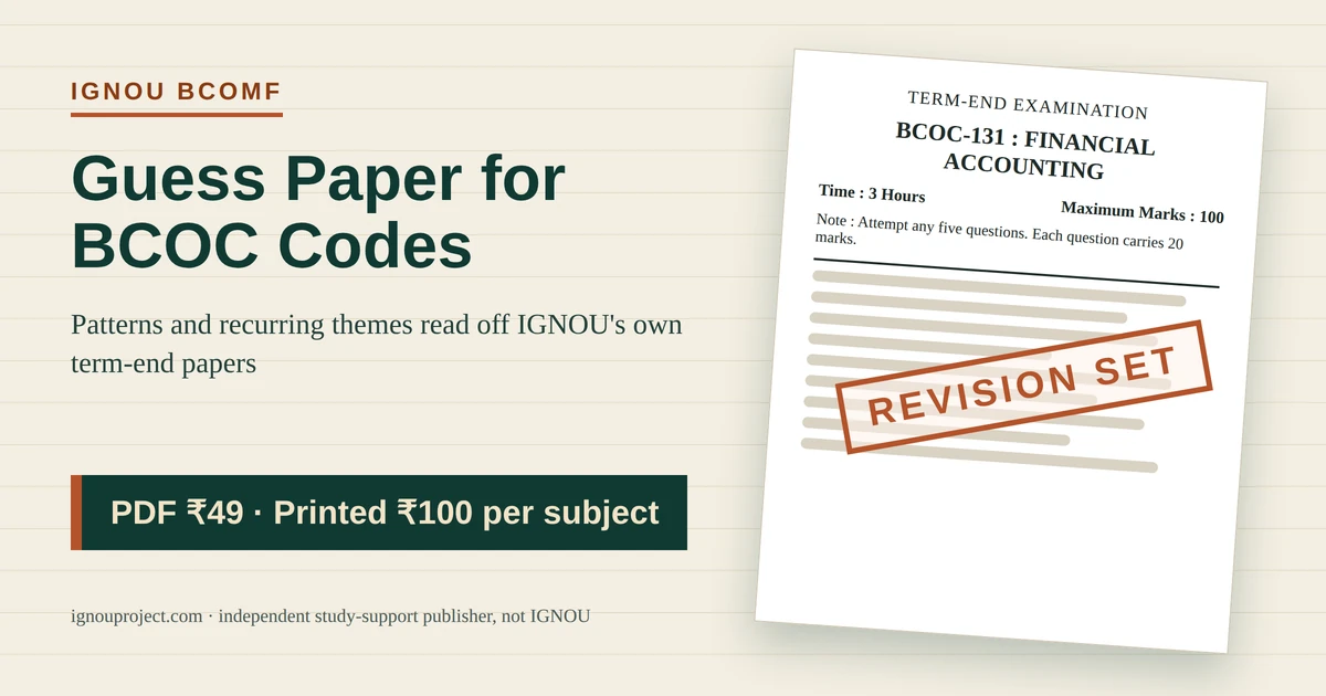 IGNOU BCOMF guess paper revision set beside a BCOC-131 Financial Accounting term-end paper mock, PDF ₹49 and printed ₹100 per subject