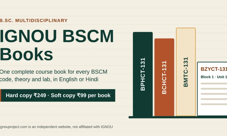 IGNOU BSCM Books featured image with book spines labelled BPHCT-131, BCHCT-131 and BMTC-131 beside an open BZYCT-131 Block 1 Unit 1 booklet, with course book prices