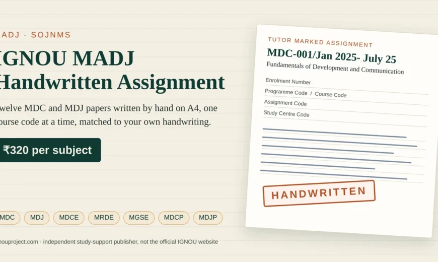 IGNOU MADJ handwritten assignment at ₹320 per subject, showing a tilted MDC-001 Fundamentals of Development and Communication tutor marked assignment sheet with the MDC-001/Jan 2025- July 25 code, four cover-page fields, ruled writing lines, MDC, MDJ, MDCE, MRDE, MGSE, MDCP and MDJP code chips and a HANDWRITTEN stamp
