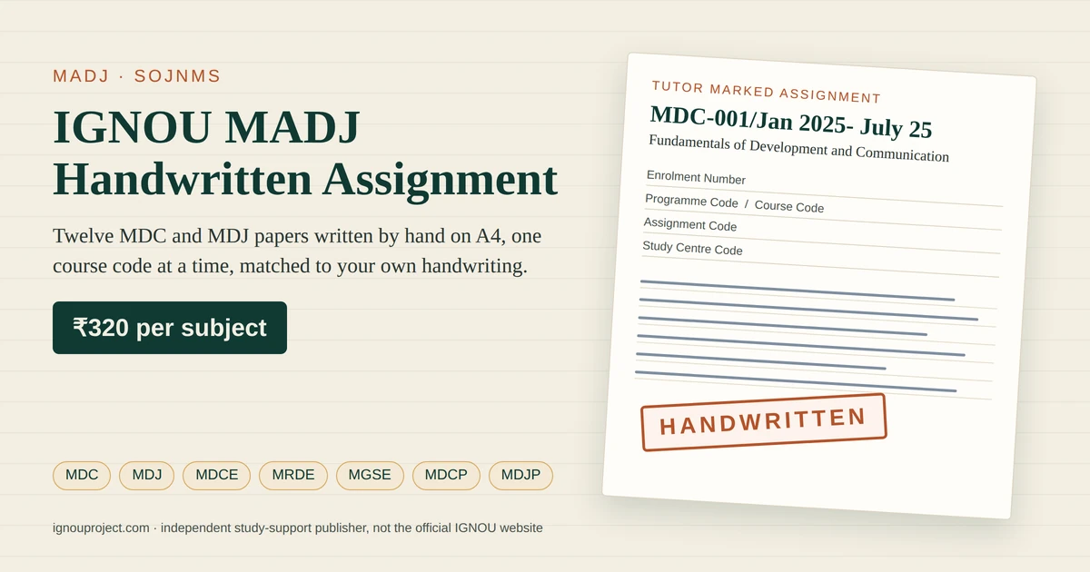 IGNOU MADJ handwritten assignment at ₹320 per subject, showing a tilted MDC-001 Fundamentals of Development and Communication tutor marked assignment sheet with the MDC-001/Jan 2025- July 25 code, four cover-page fields, ruled writing lines, MDC, MDJ, MDCE, MRDE, MGSE, MDCP and MDJP code chips and a HANDWRITTEN stamp