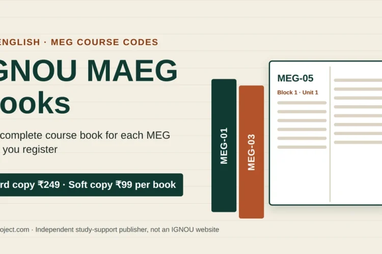 IGNOU MAEG Books featured image with MEG-01, MEG-03 and MEG-17 book spines beside an open MEG-05 study block, and hard copy ₹249 and soft copy ₹99 per book