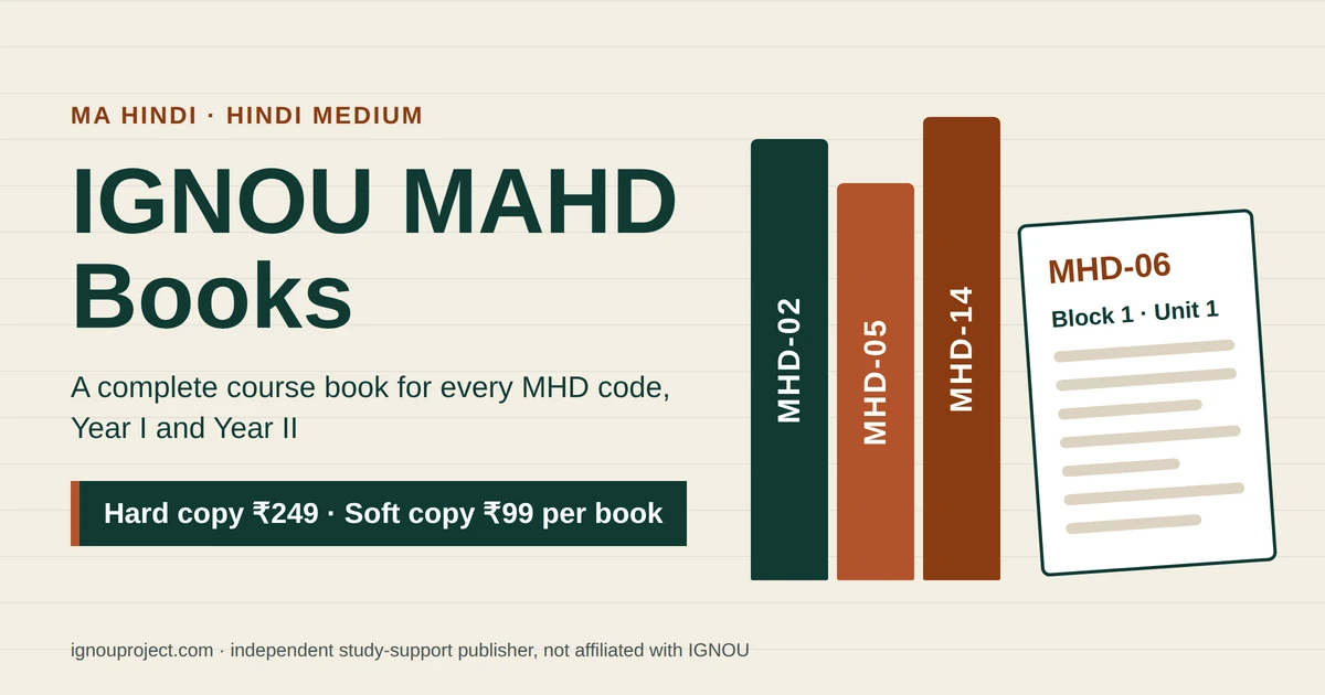 IGNOU MAHD Books featured image with MHD-02, MHD-05 and MHD-14 book spines beside an open MHD-06 study block, hard copy ₹249 and soft copy ₹99 per book