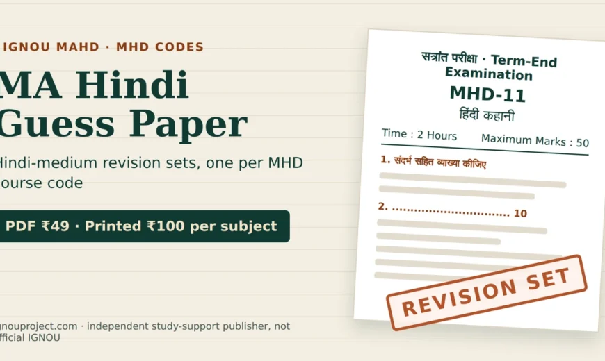 IGNOU MAHD guess paper revision set for MHD course codes shown beside a Hindi term-end question paper layout, ₹49 PDF or ₹100 printed per subject code