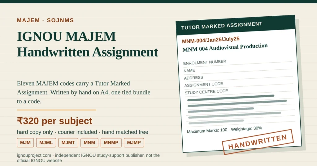 IGNOU MAJEM handwritten assignment at ₹320 per subject, showing a tilted MNM 004 Audiovisual Production tutor marked assignment sheet with the MNM-004/Jan25/July25 code, the five cover-page fields, ruled writing lines, MJM, MJML, MJMT, MNM, MNMP and MJMP code chips and a HANDWRITTEN stamp