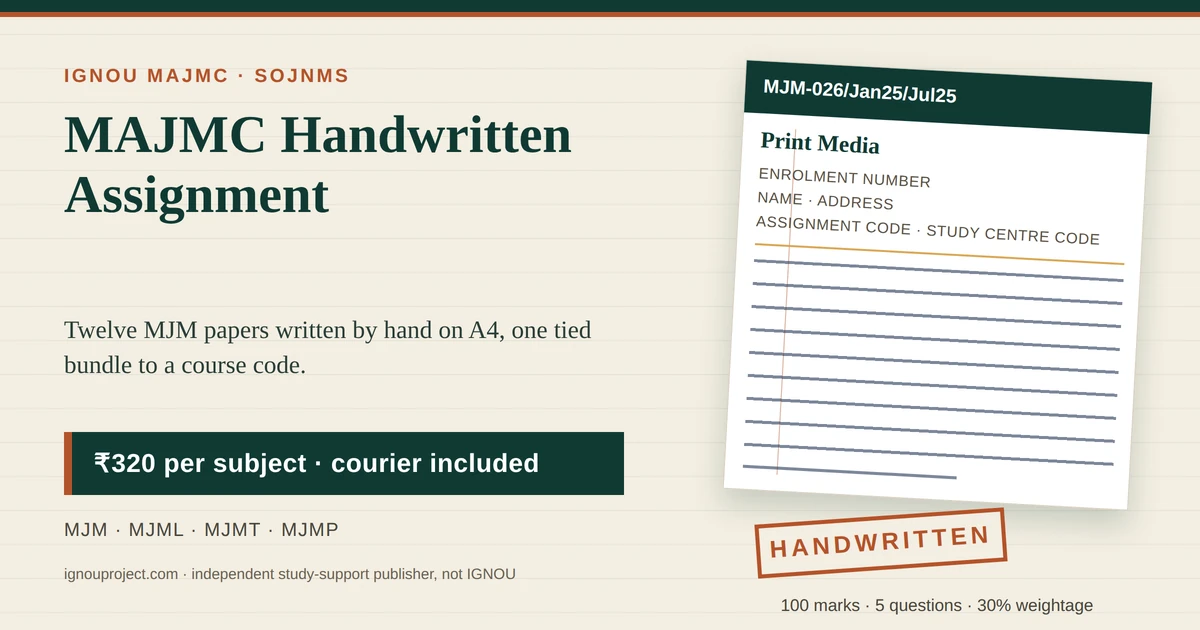 IGNOU MAJMC handwritten assignment at ₹320 per subject, showing a tilted MJM-026 Print Media tutor marked assignment sheet with the MJM-026/Jan25/Jul25 code, the five cover-page fields, ruled writing lines, MJM, MJML, MJMT and MJMP code chips and a HANDWRITTEN stamp