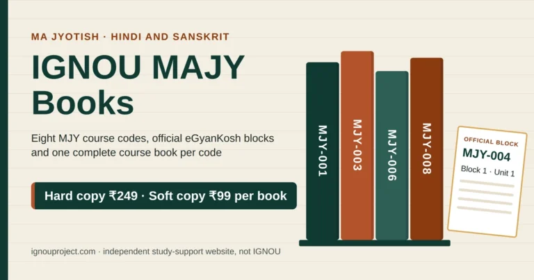 IGNOU MAJY Books featured image with spines for MJY-001, MJY-003, MJY-006 and MJY-008 beside an MJY-004 Block 1 booklet, hard copy ₹249 and soft copy ₹99 per book