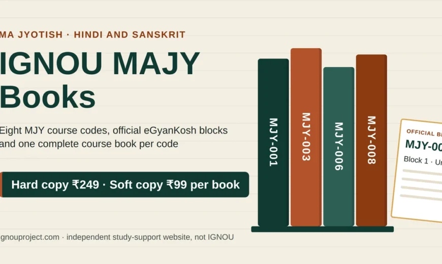 IGNOU MAJY Books featured image with spines for MJY-001, MJY-003, MJY-006 and MJY-008 beside an MJY-004 Block 1 booklet, hard copy ₹249 and soft copy ₹99 per book